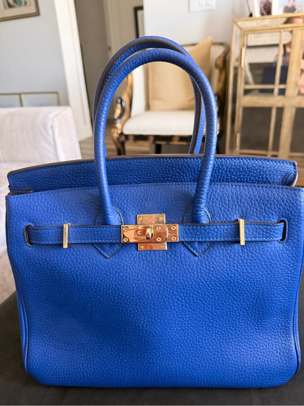 Classic Blue Pebbled Leather Top-Handle Satchel with Gold-Tone Hardware
